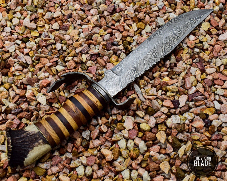 Handmade Damascus Steel Knife with Stag Antlers Crown Handle Christmas Gift for Dad, Gift for Boyfriend
