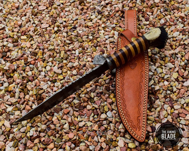 Handmade Damascus Steel Knife with Stag Antlers Crown Handle Christmas Gift for Dad, Gift for Boyfriend