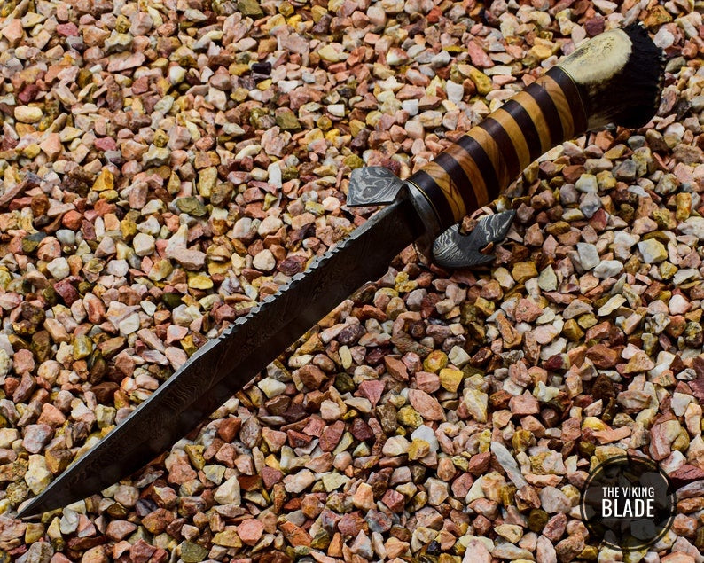 Handmade Damascus Steel Knife with Stag Antlers Crown Handle Christmas Gift for Dad, Gift for Boyfriend