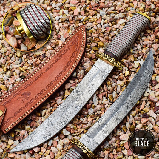 Handcrafted Damascus Steel Camping Knife For Collectors Spiral Copper &Stainless Steel Wire Sturdy Handle