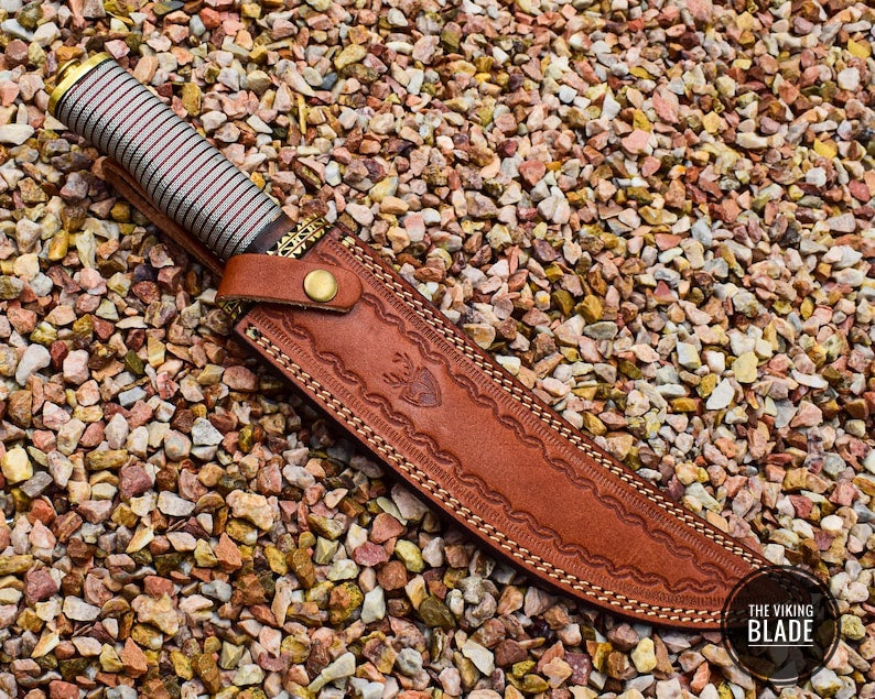 Handcrafted Damascus Steel Camping Knife For Collectors Spiral Copper &Stainless Steel Wire Sturdy Handle