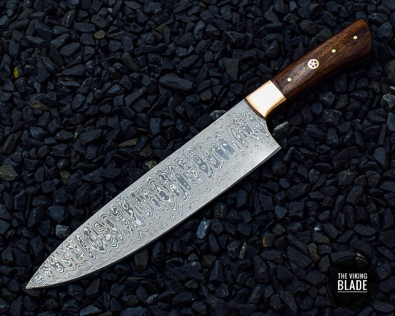 Handmade Damascus Steel Chef Knife Rose Wood Handle With Copper Bolster