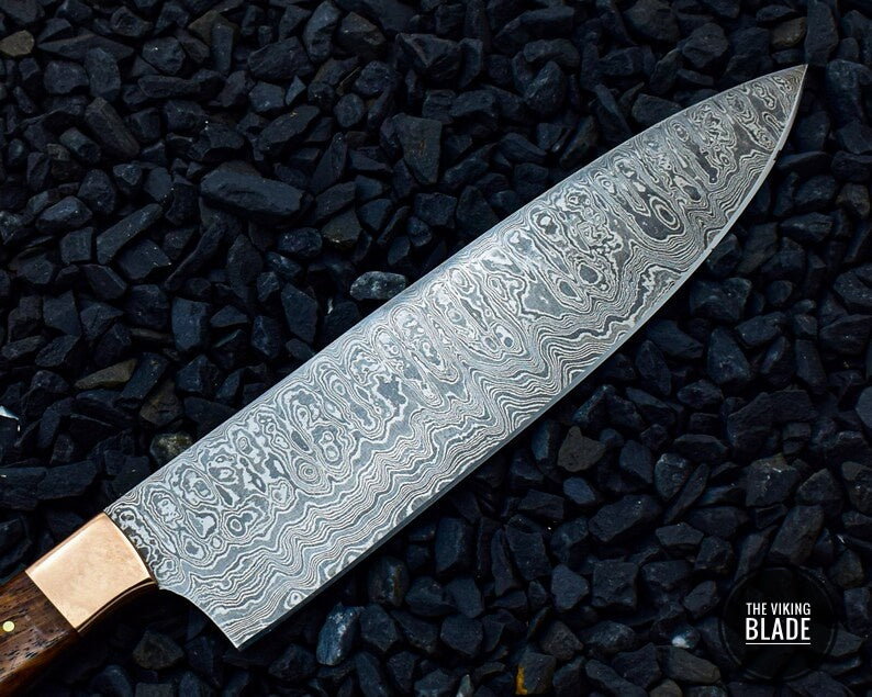 Handmade Damascus Steel Chef Knife Rose Wood Handle With Copper Bolster