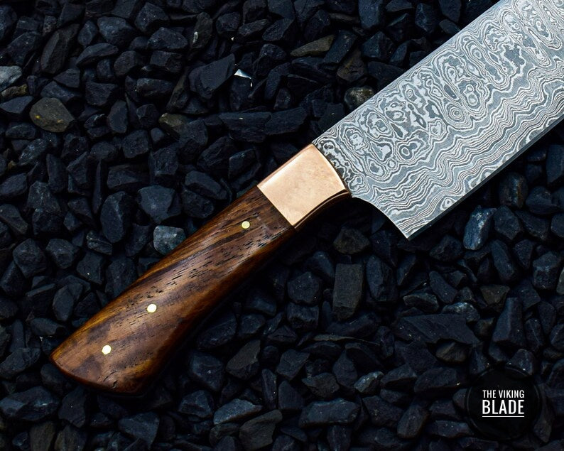 Handmade Damascus Steel Chef Knife Rose Wood Handle With Copper Bolster