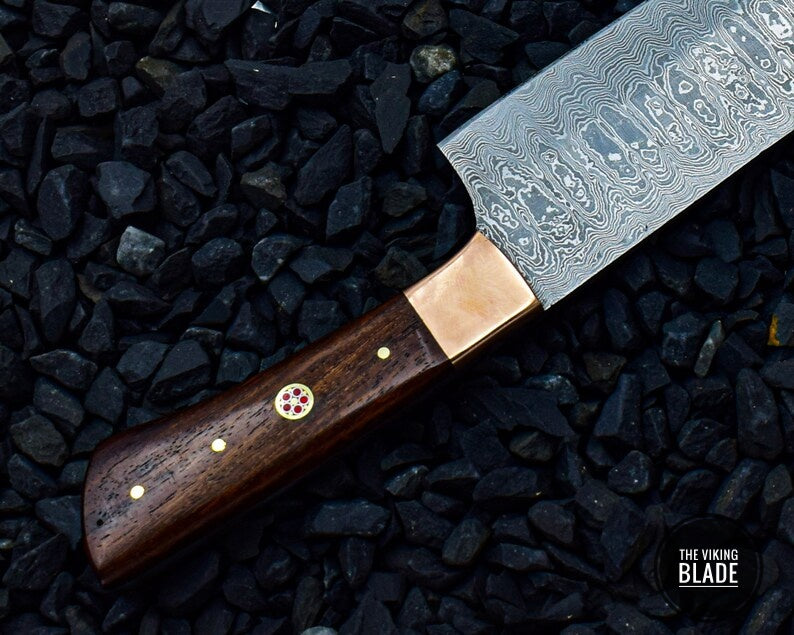 Handmade Damascus Steel Chef Knife Rose Wood Handle With Copper Bolster
