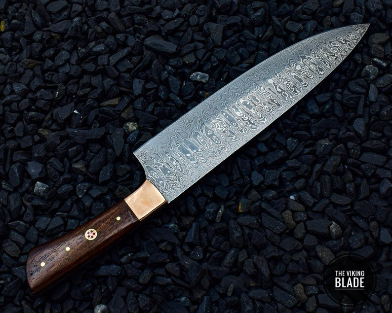 Handmade Damascus Steel Chef Knife Rose Wood Handle With Copper Bolster