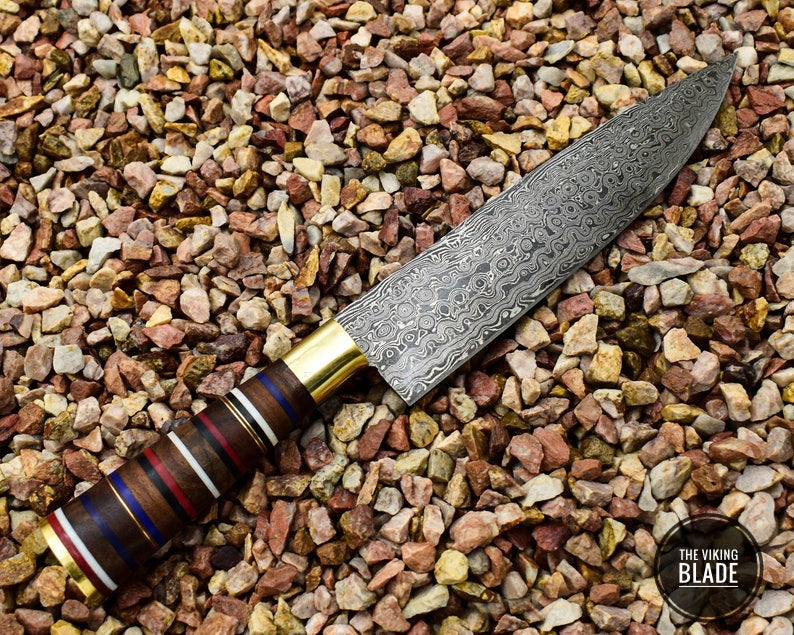 Damascus Steel Chef Knife Beautiful Rose Wood & Resin Handle