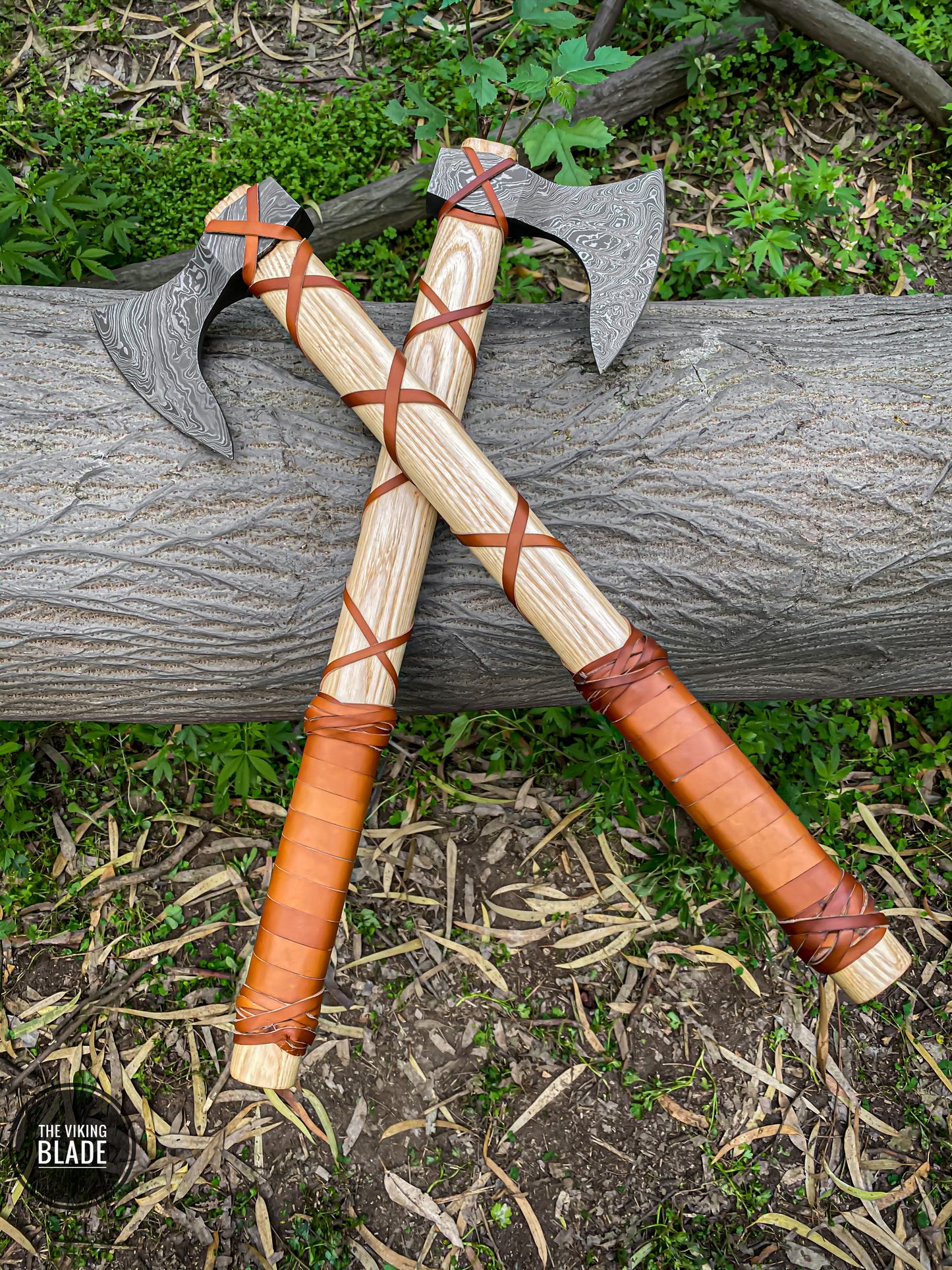 Damascus Viking Axe With Ashwood Handle, Leather Wrap And Leather Sheath