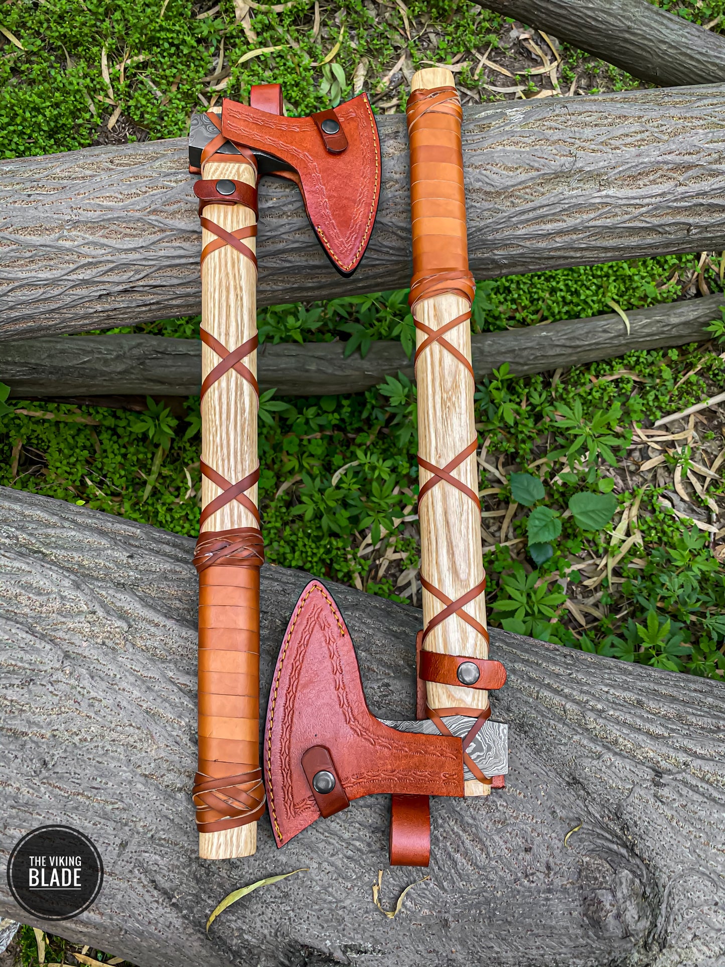 Damascus Viking Axe With Ashwood Handle, Leather Wrap And Leather Sheath