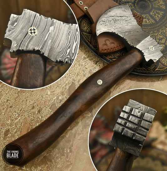 Handmade Damascus Steel Axe With Leather Sheath