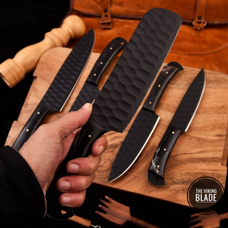 Custom Handmade D2 Steel Chef Kitchen Knives Set With Leather Roll Kit