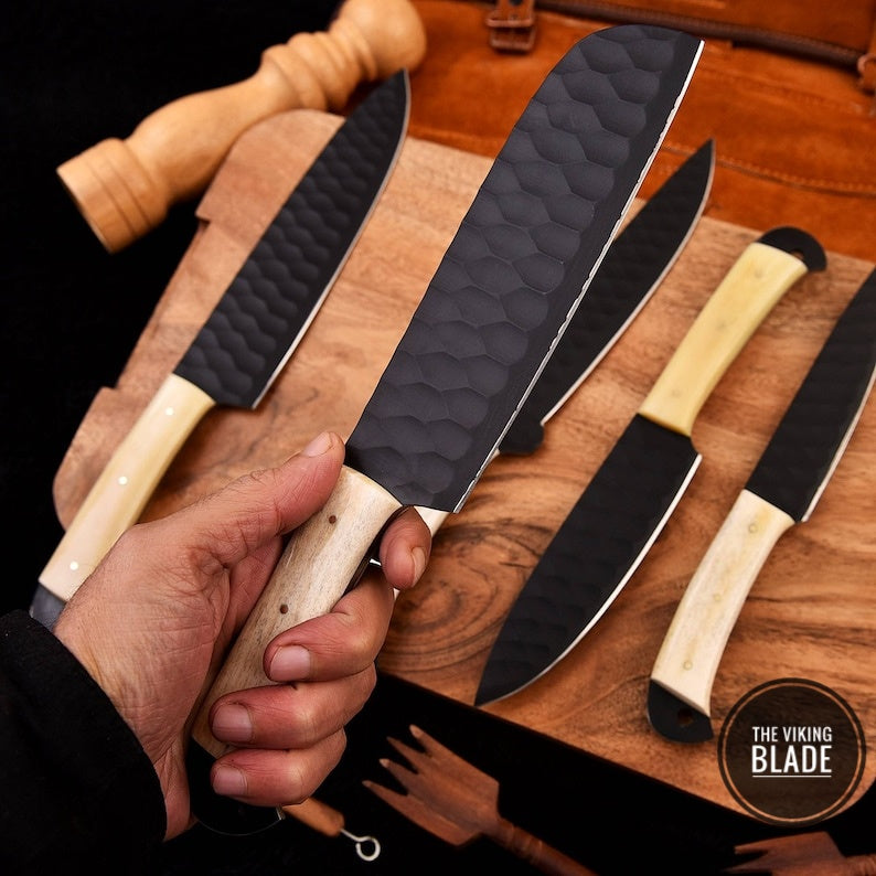 Custom Handmade D2 Steel Chef Knife Set With Leather Roll Kit