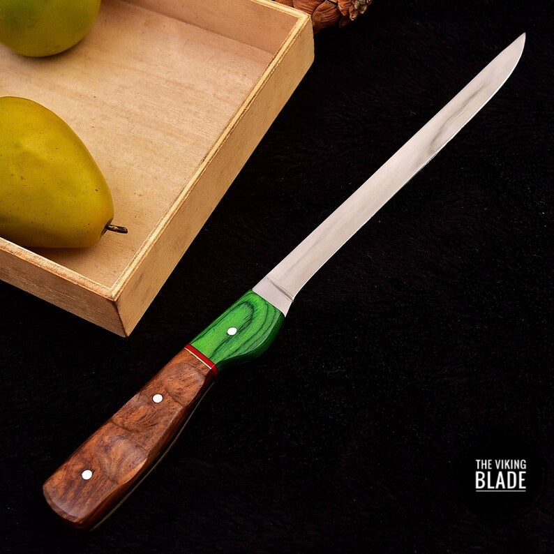 Custom Handmade D2 Steel Fillet Fish Chef Knife With Leather Sheath