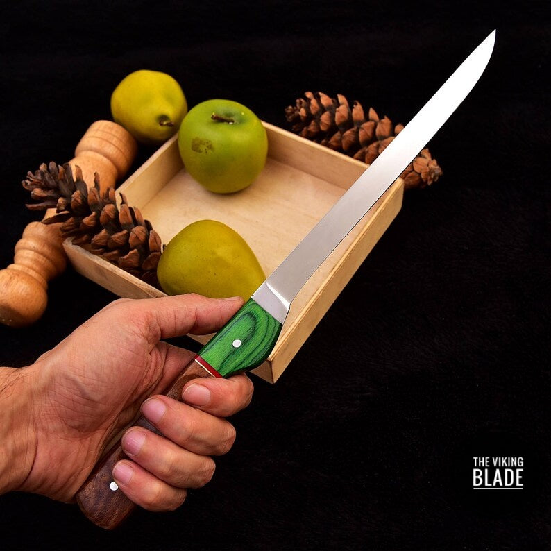 Custom Handmade D2 Steel Fillet Fish Chef Knife With Leather Sheath