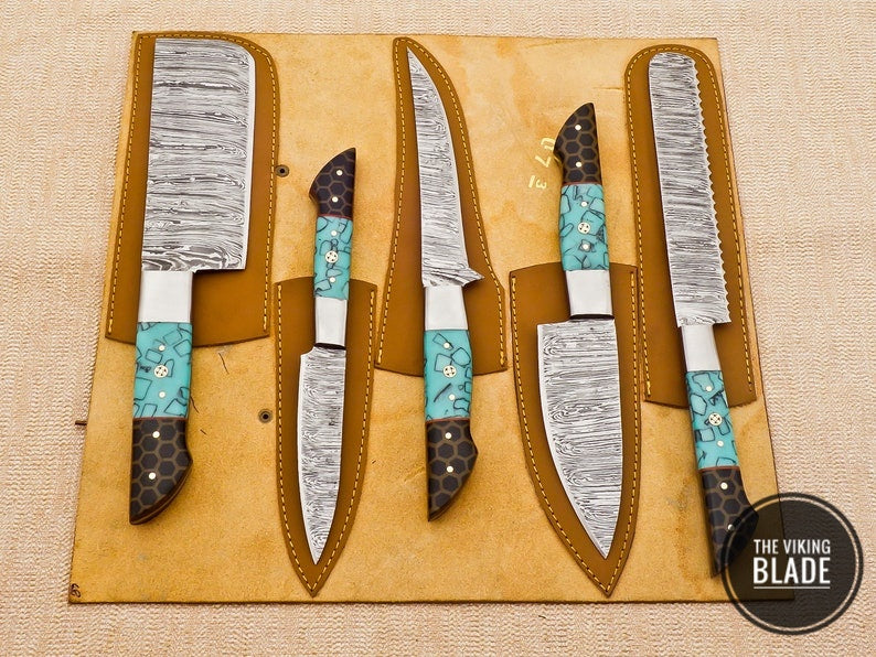 Custom Handmade Damascus Steel Chef Kitchen Knives Set With Leather Roll Kit