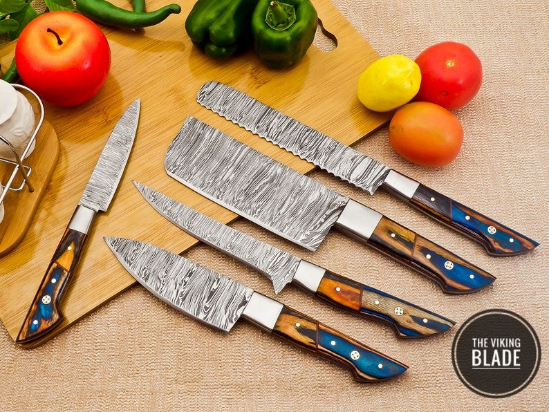 Custom Handmade Damascus Steel Chef Kitchen Knives Set With Leather Roll Kit