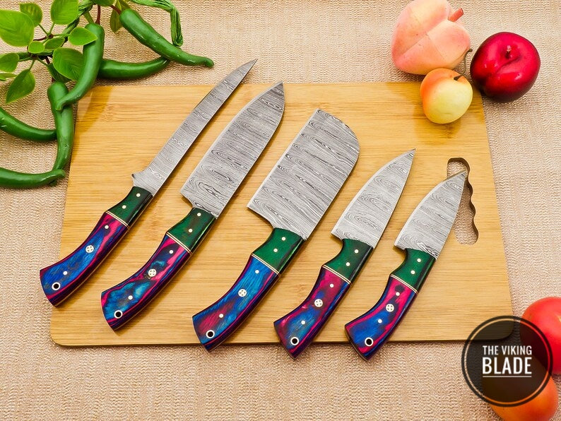 Custom Handmade Damascus Steel Chef Kitchen Knives Set With Leather Roll Kit