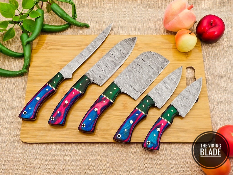 Custom Handmade Damascus Steel Chef Kitchen Knives Set With Leather Roll Kit