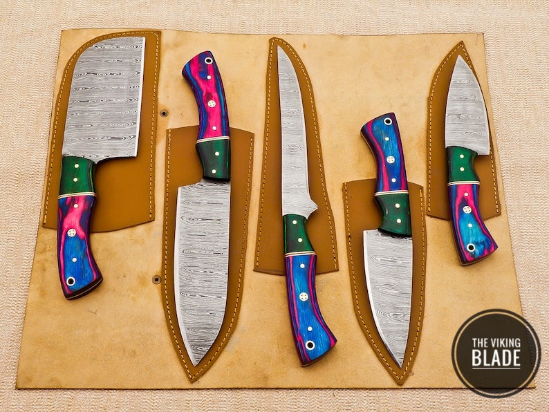 Custom Handmade Damascus Steel Chef Kitchen Knives Set With Leather Roll Kit
