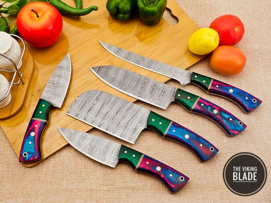 Custom Handmade Damascus Steel Chef Kitchen Knives Set With Leather Roll Kit