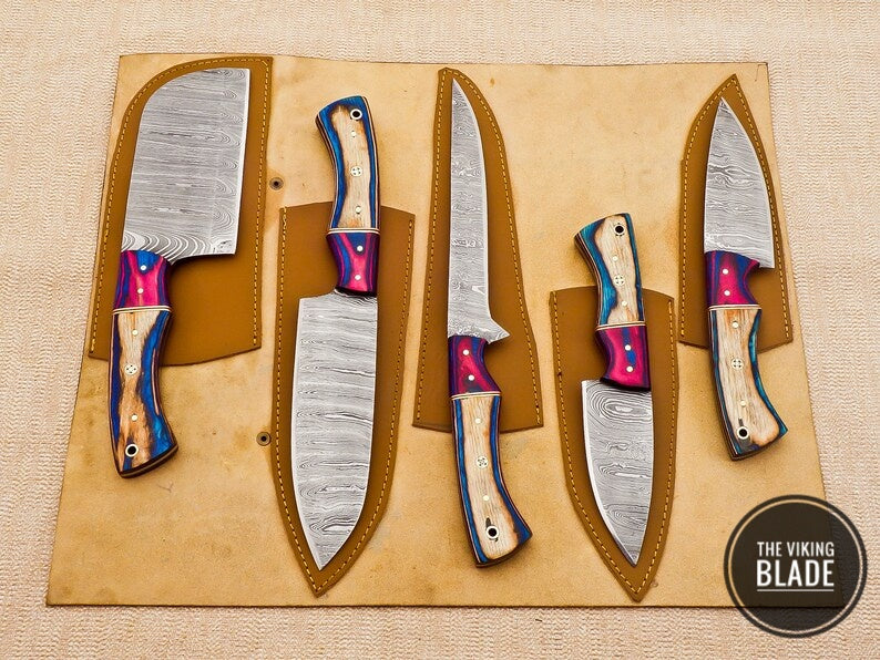 Custom Handmade Damascus Steel Chef Kitchen Knives Set With Leather Roll Kit
