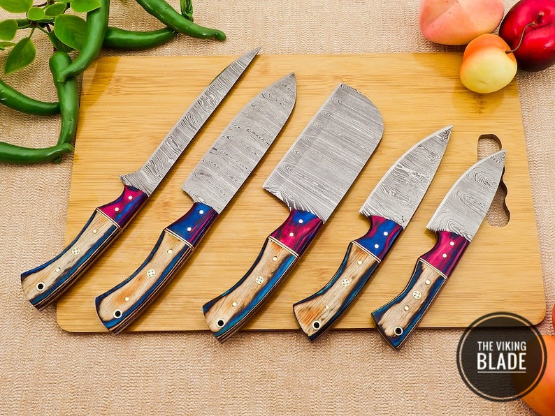 Custom Handmade Damascus Steel Chef Kitchen Knives Set With Leather Roll Kit