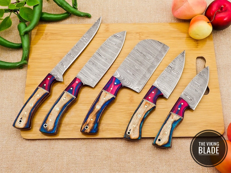 Custom Handmade Damascus Steel Chef Kitchen Knives Set With Leather Roll Kit