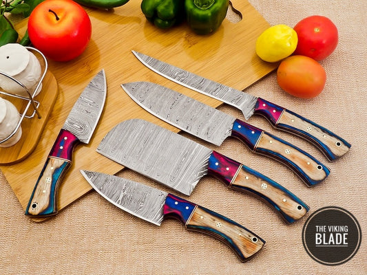 Custom Handmade Damascus Steel Chef Kitchen Knives Set With Leather Roll Kit