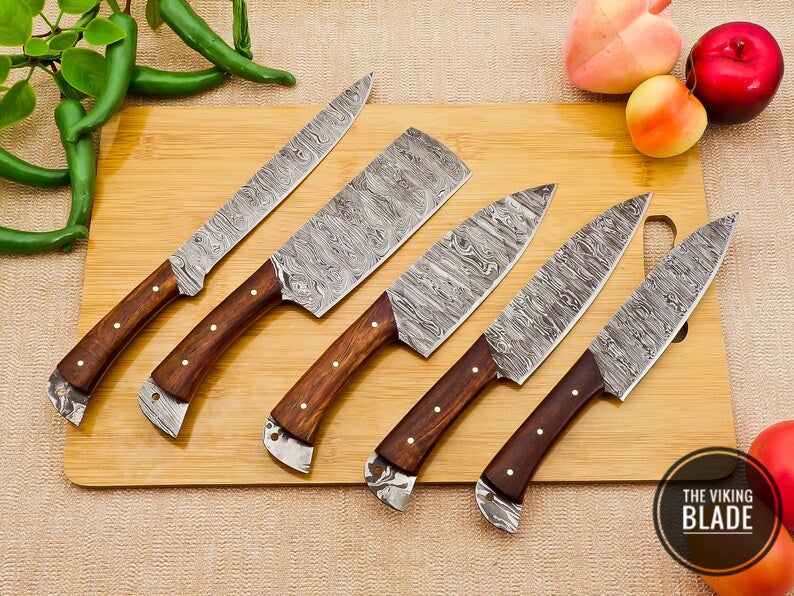 Custom Handmade Damascus Steel Chef Kitchen Knives Set With Leather Roll Kit