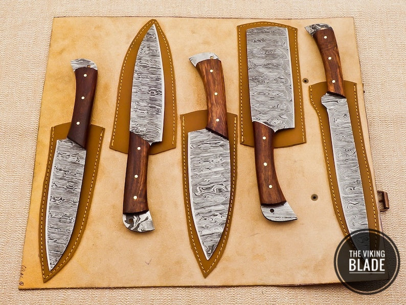 Custom Handmade Damascus Steel Chef Kitchen Knives Set With Leather Roll Kit