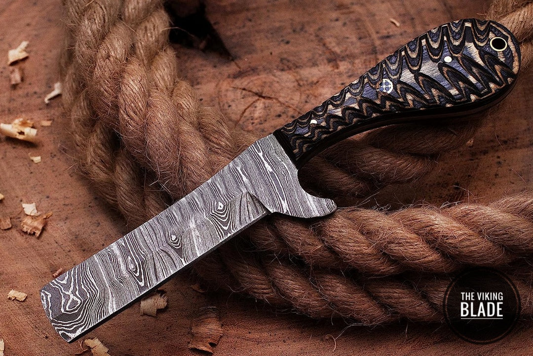 Custom Handmade Damascus Steel Bull Cutter Knife With Leather Sheath