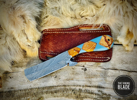 Custom Handmade Damascus Steel Cowboy Bull Cutter Knife With Leather Sheath