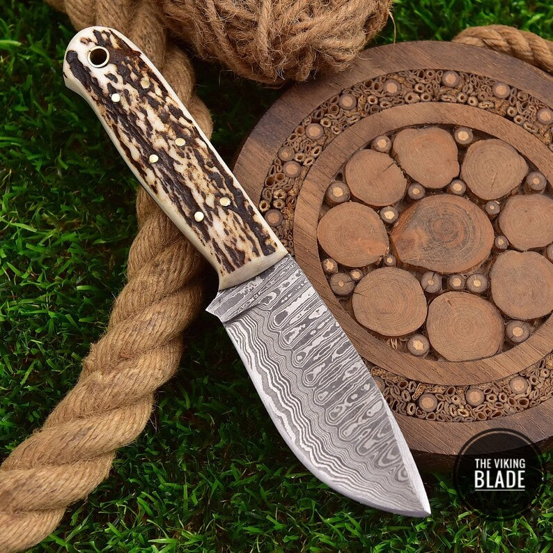 Custom Handmade Fixed Blade 1095 Damascus Steel Skinner Hunting Knife With Leather Sheath (Deer Stag Handle) Amazing Gift EDC