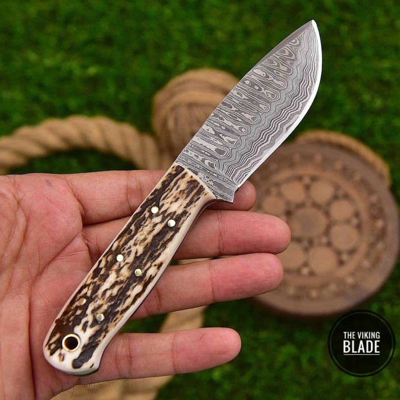 Custom Handmade Fixed Blade 1095 Damascus Steel Skinner Hunting Knife With Leather Sheath (Deer Stag Handle) Amazing Gift EDC
