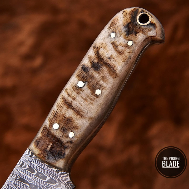 Handmade Damascus Steel Custom SHEEP HORN Camping Hunting Skinner Sport Knife with cow hide leather sheath