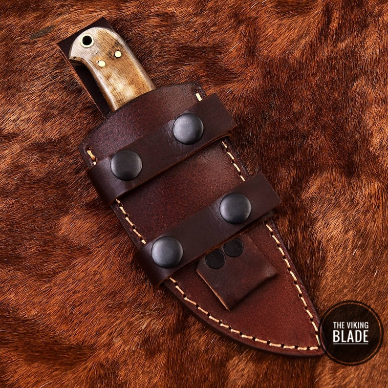 Handmade Damascus Steel Custom SHEEP HORN Camping Hunting Skinner Sport Knife with cow hide leather sheath