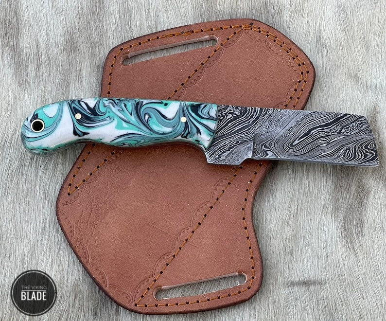 Custom Handmade Damascus Steel Bull Cutter Knife With Leather Sheath
