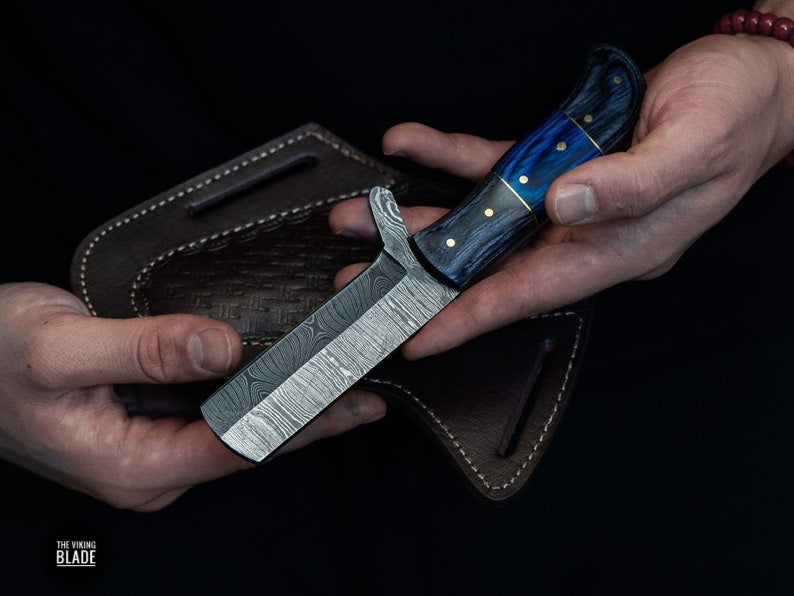 Custom Handmade Damascus Steel Cowboy Bull Cutter Knife With Leather Sheath
