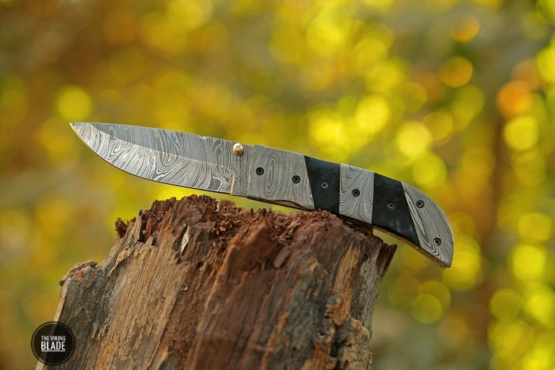 Custom Handmade Damascus Steel Folding Pocket Knife With Leather Sheath