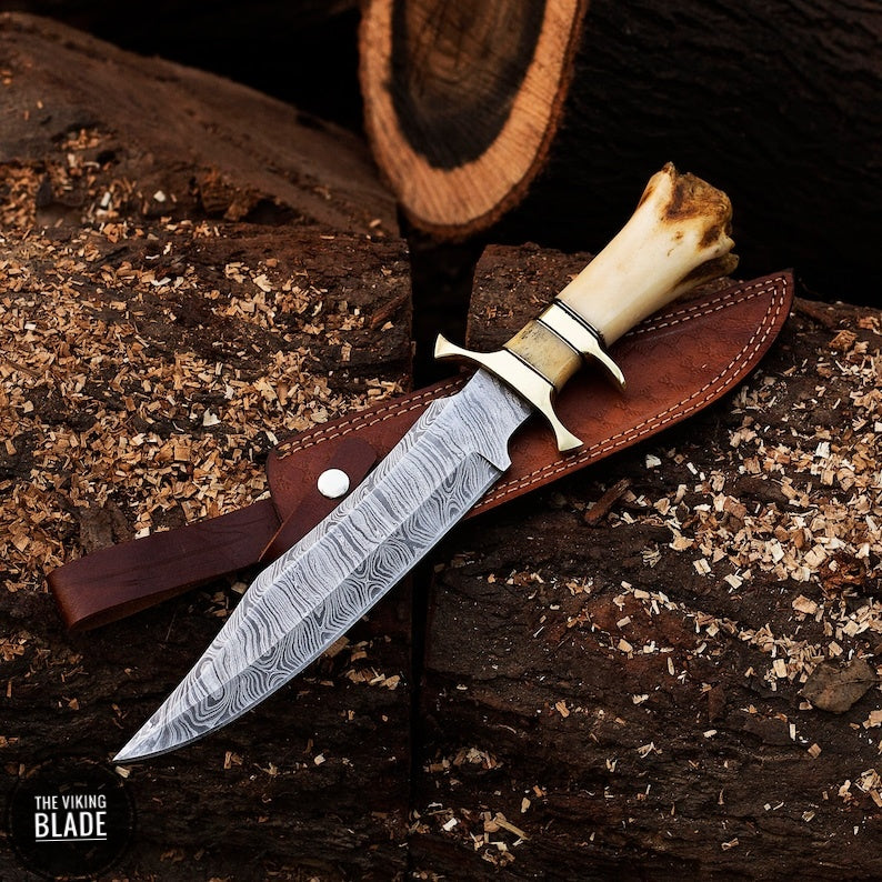 Custom Handmade Damascus Steel Hunting Knife With Leather Sheath