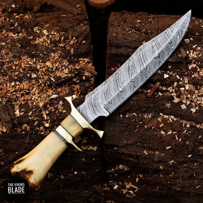 Custom Handmade Damascus Steel Hunting Knife With Leather Sheath