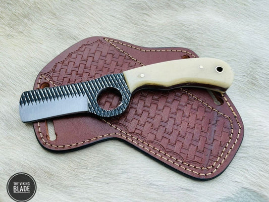 Custom Handmade Rasp steel cowboy bull cutter knife With Leather Sheath