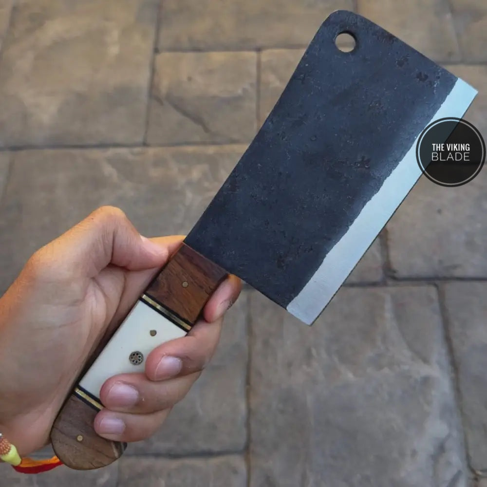 10" Chef Cleaver Knife with Bone & Wood Handle, Carbon Steel Meat Cleaver Knife