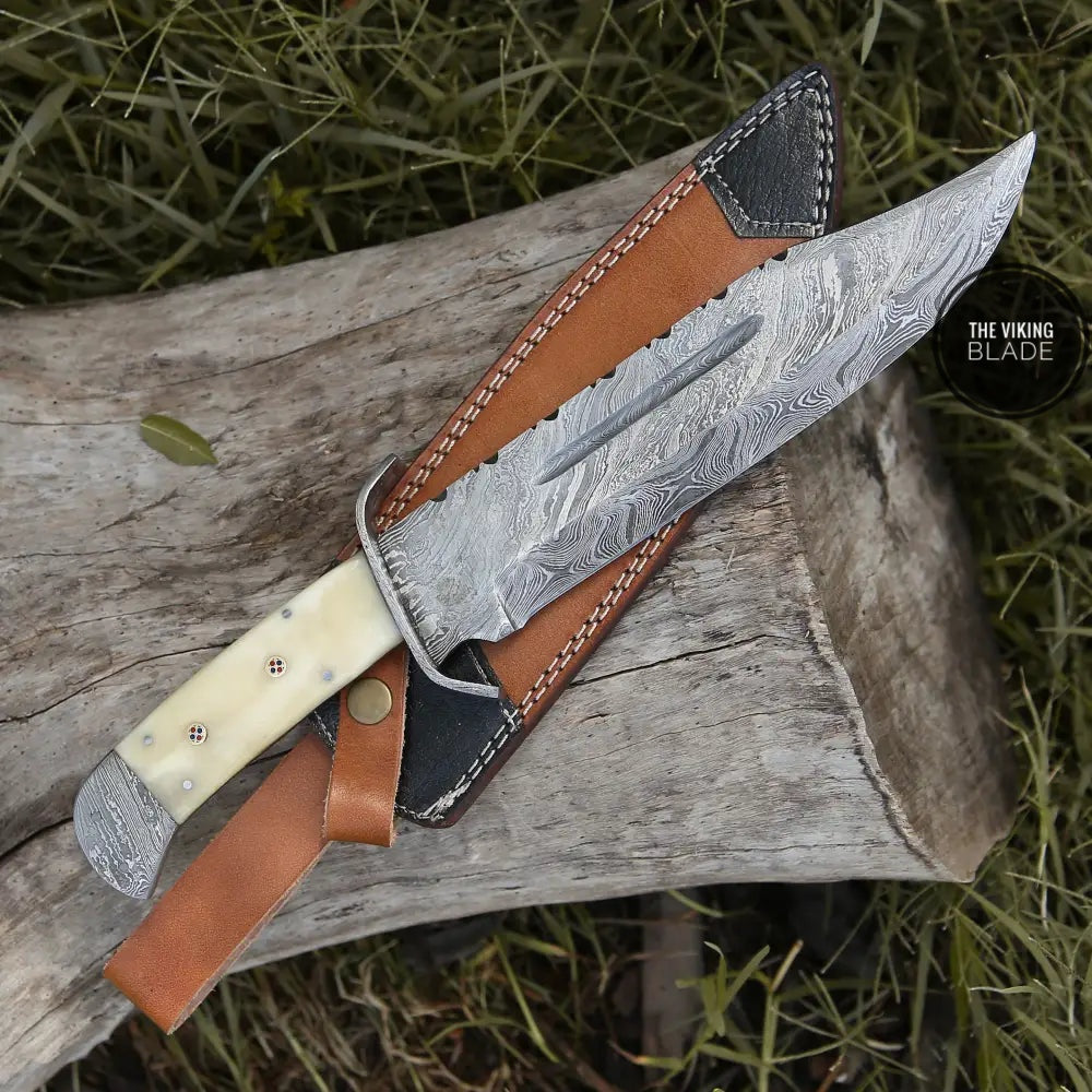 15" Handmade Damascus Steel Bowie Knife- Full Tang - Camel Bone Handle