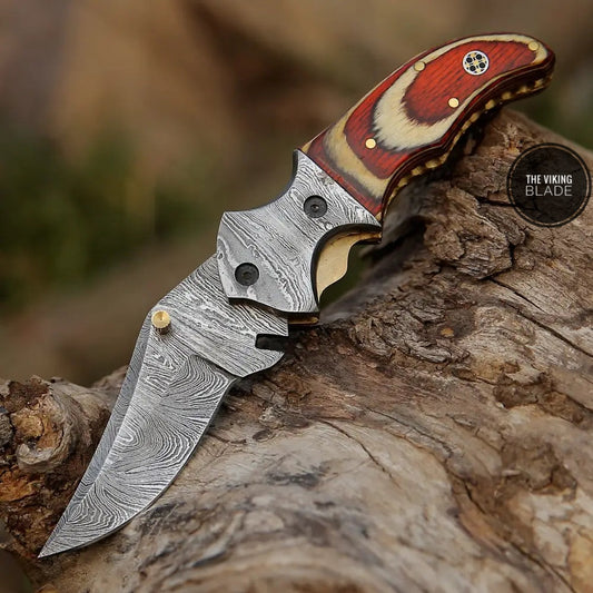 7" Handmade Forged Damascus Pocket Folding Knife - Pakka Wood Handle - Damascus Bolster