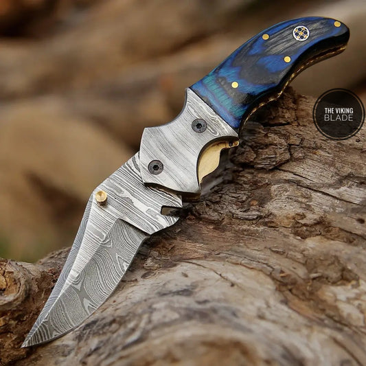7" Handmade Forged Damascus Pocket Folding Knife - Pakka Wood Handle - Damascus Bolster