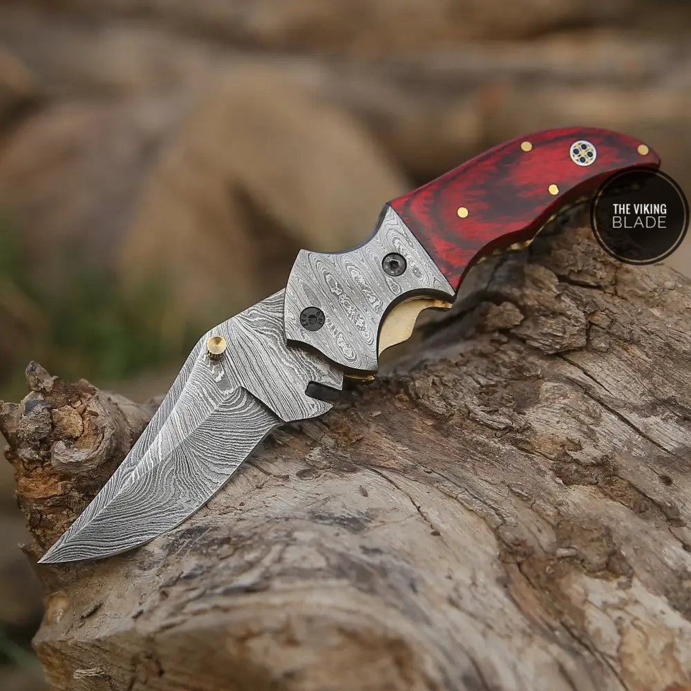 7" Handmade Forged Damascus Pocket Folding Knife - Pakka Wood Handle - Damascus Bolster