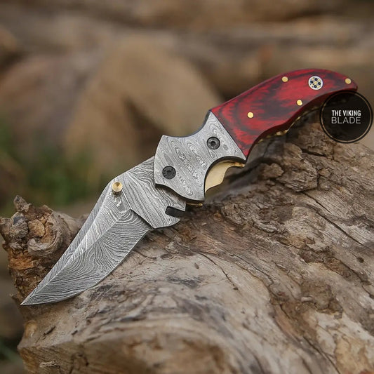 7" Handmade Forged Damascus Pocket Folding Knife - Pakka Wood Handle - Damascus Bolster