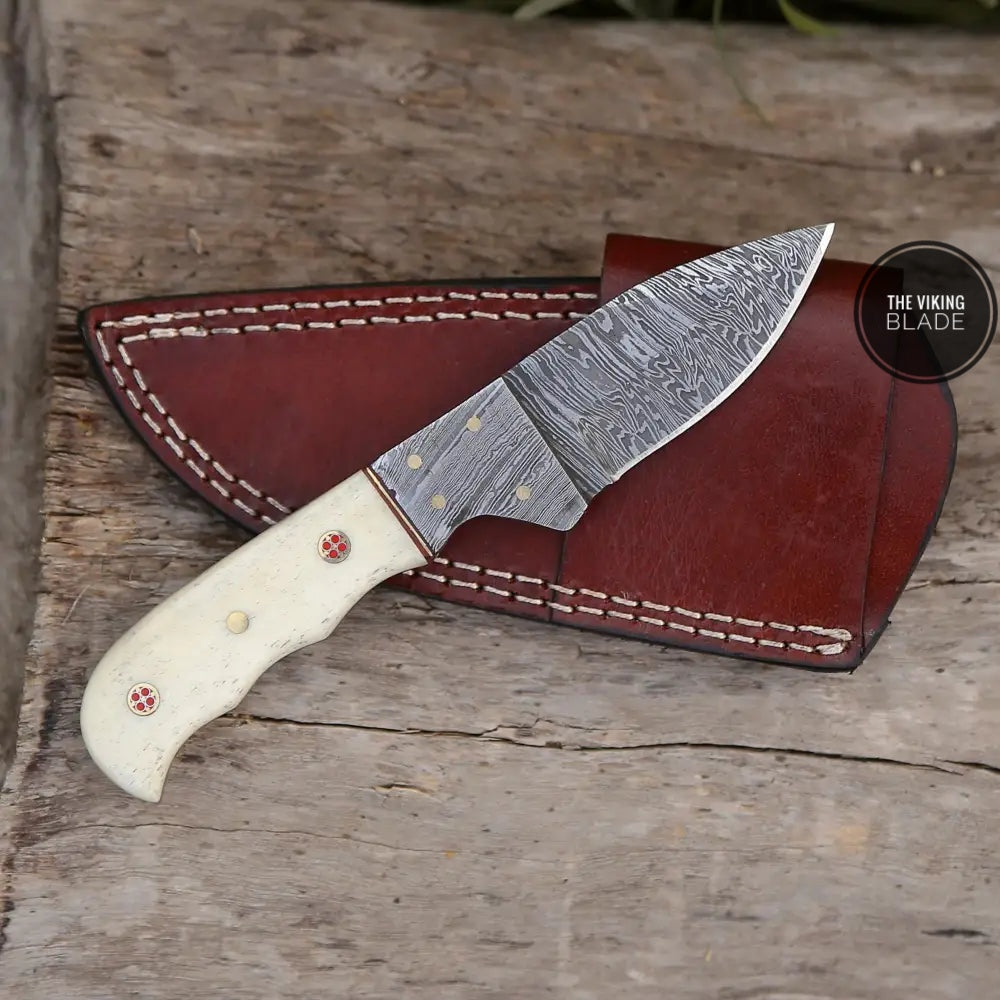 7.25” Hand Forged Damascus Steel Full Tang Skinner Knife - Camel Bone Handle