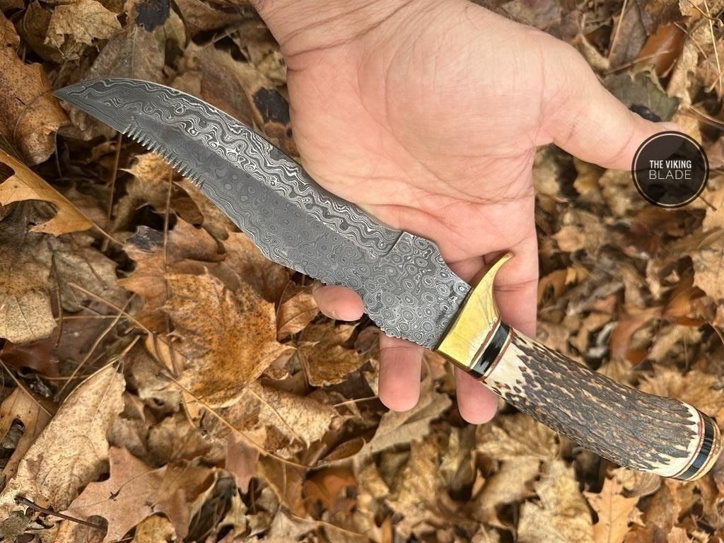 Custom Handmade Damascus Steel Knife with Stag Antler Handle – Premium 13 inches, Brass Hilt, Rain Drop Pattern – Ideal for Hunting, Camping, Outdoor Adventures